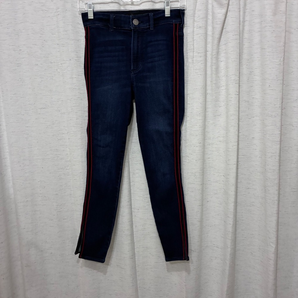 Express Womens High Rise Cropped Legging Jeans Y2K Retro Red Side Stripe Size 0 - Picture 2 of 9